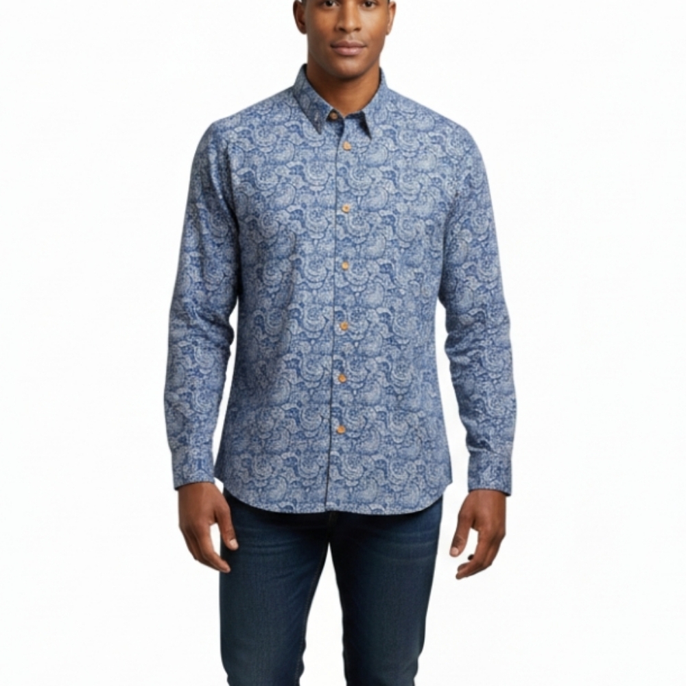 Au Noir Men’s Luxury Dress Shirt Blue Paisley Print Pinstripe Long Sleeve Size 7